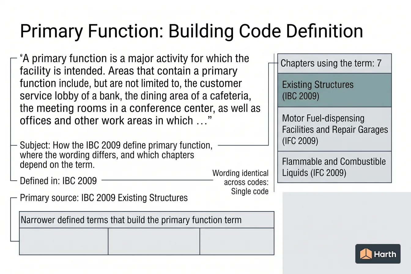 Labeled code-term definition diagram: Primary Function: Building Code Definition