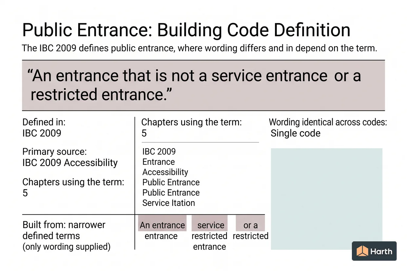 Labeled code-term definition diagram: Public Entrance: Building Code Definition
