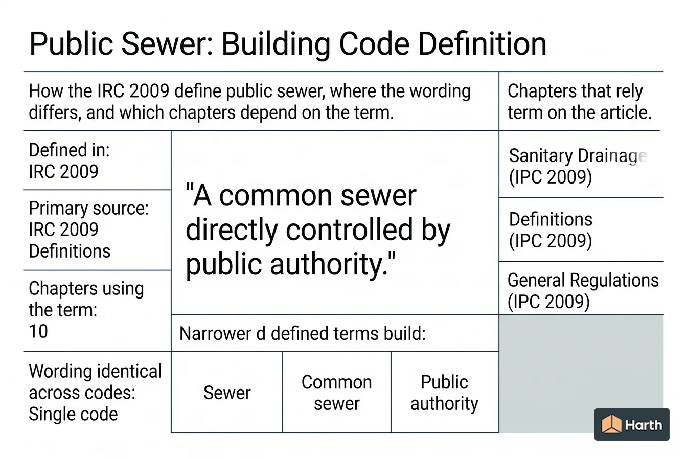 Labeled code-term definition diagram: Public Sewer: Building Code Definition