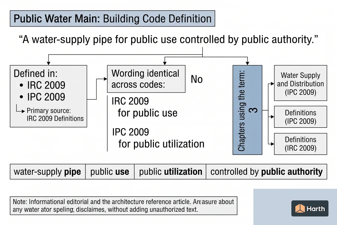 Labeled code-term definition diagram: Public Water Main: Building Code Definition