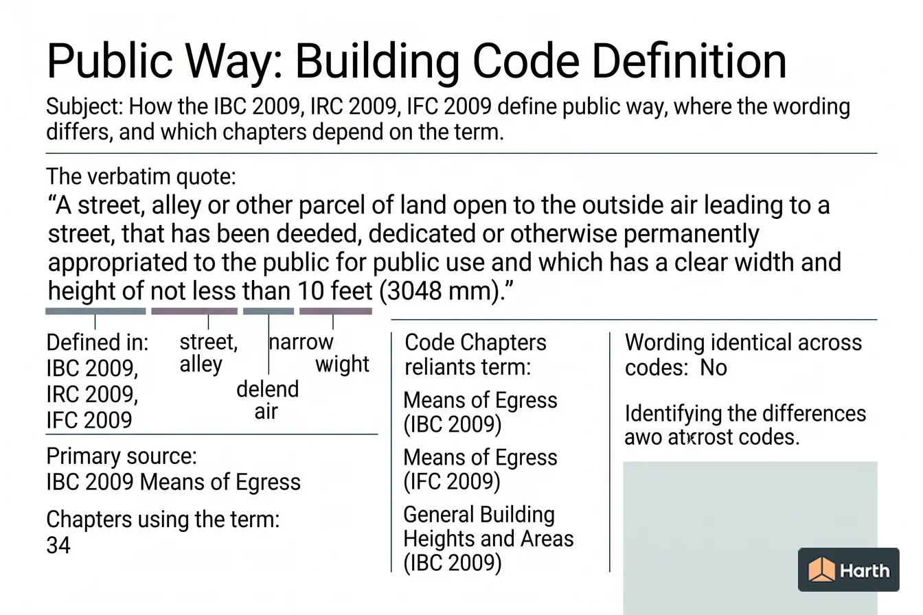 Labeled code-term definition diagram: Public Way: Building Code Definition