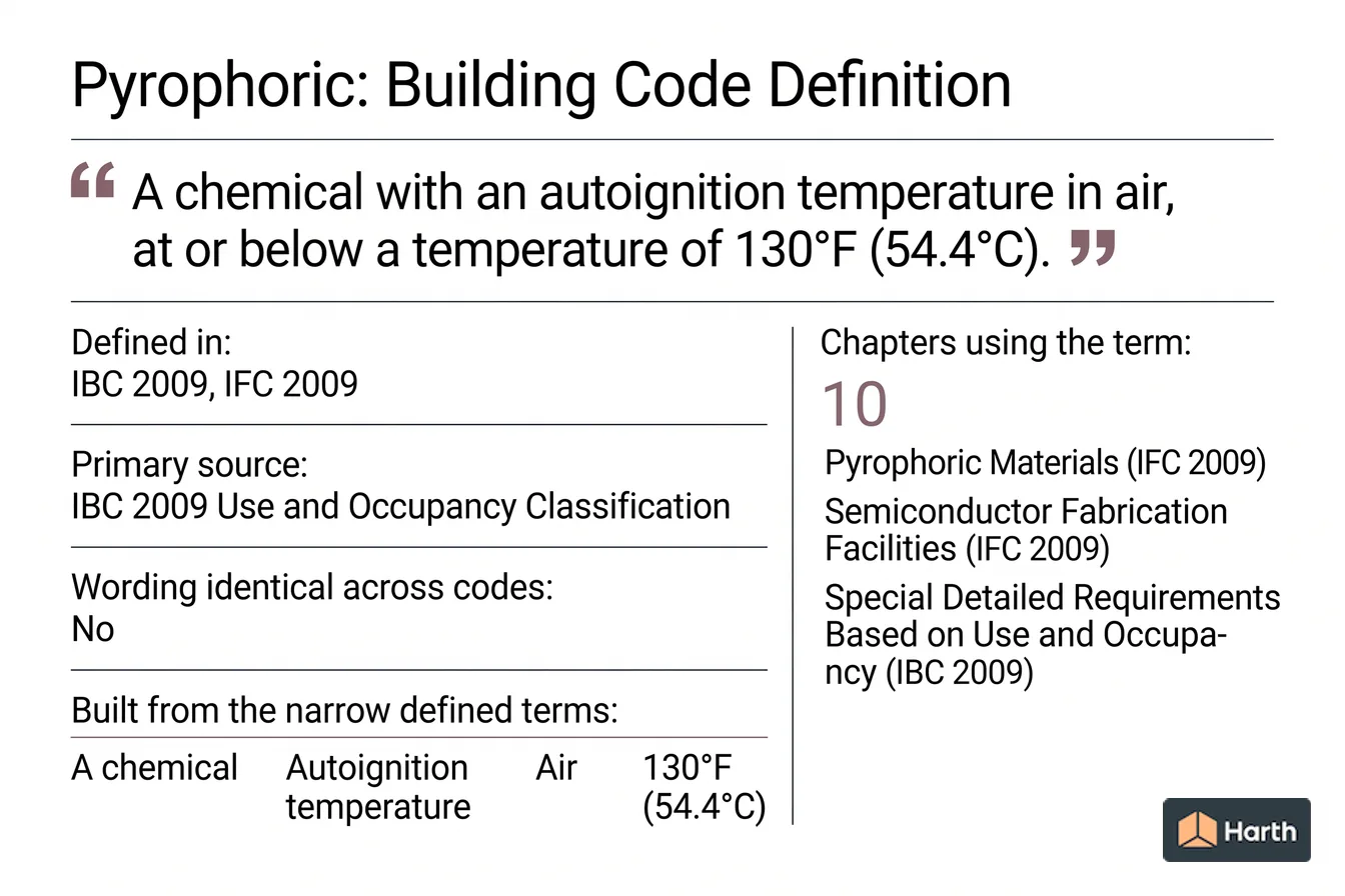 Labeled code-term definition diagram: Pyrophoric: Building Code Definition