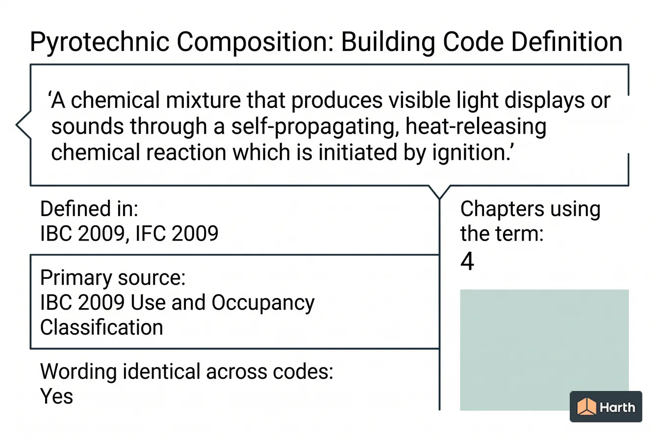 Labeled code-term definition diagram: Pyrotechnic Composition: Building Code Definition