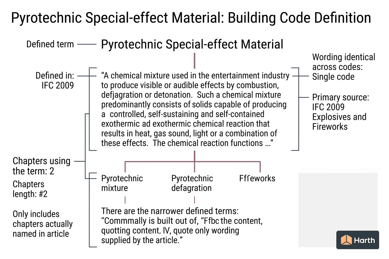 Labeled code-term definition diagram: Pyrotechnic Special-effect Material: Building Code Definition