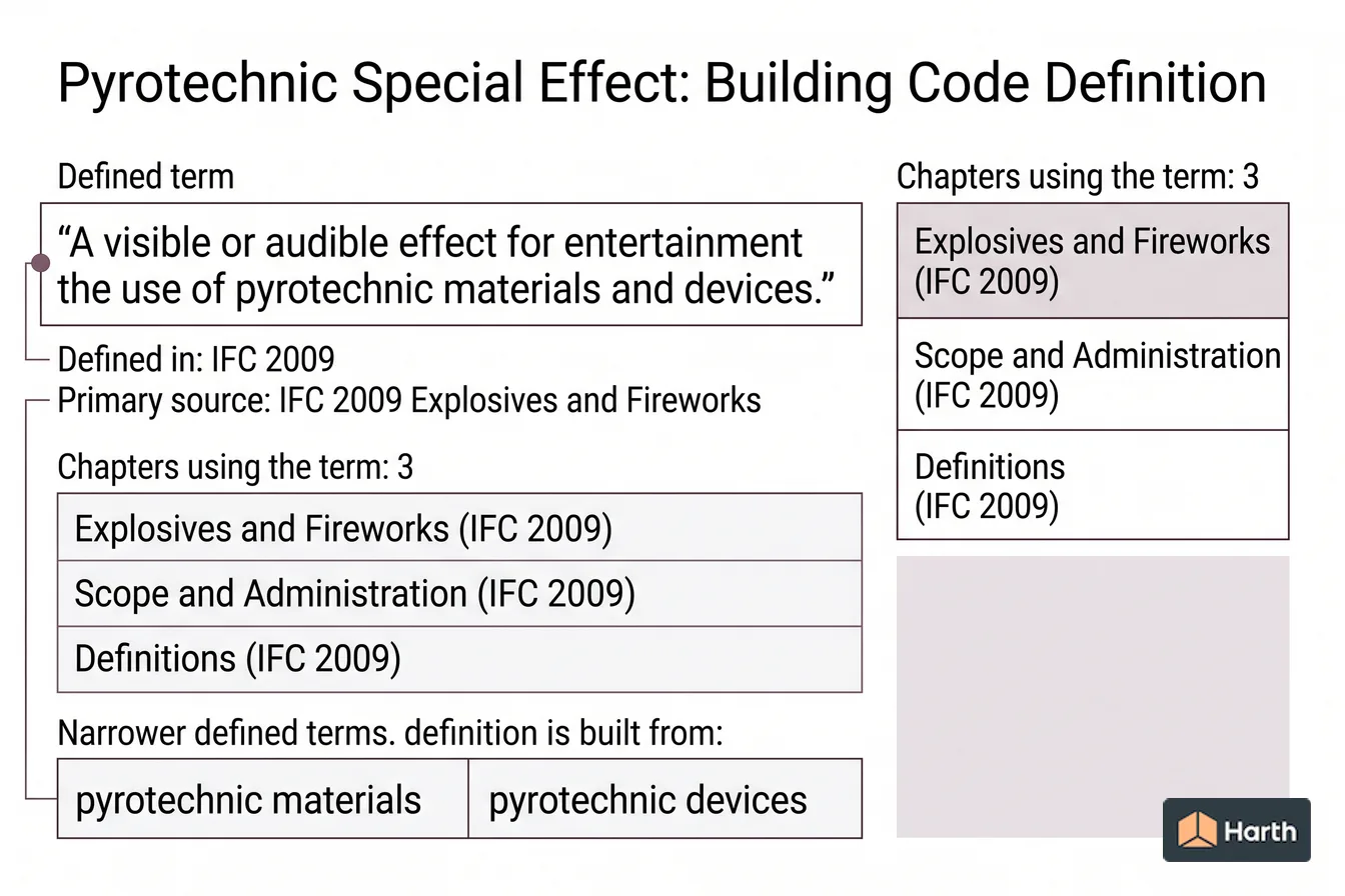 Labeled code-term definition diagram: Pyrotechnic Special Effect: Building Code Definition
