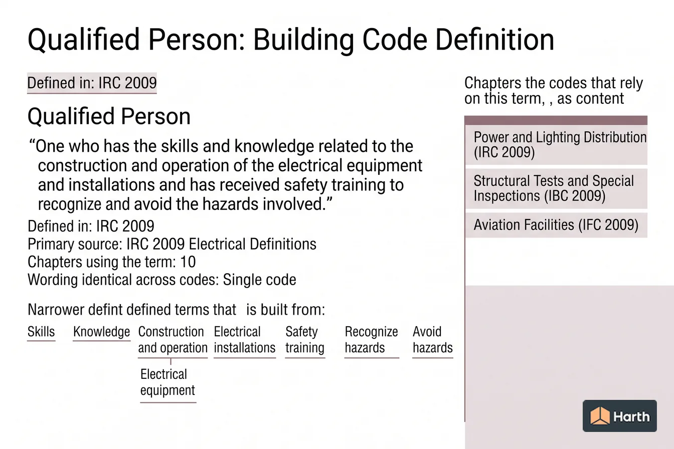 Labeled code-term definition diagram: Qualified Person: Building Code Definition