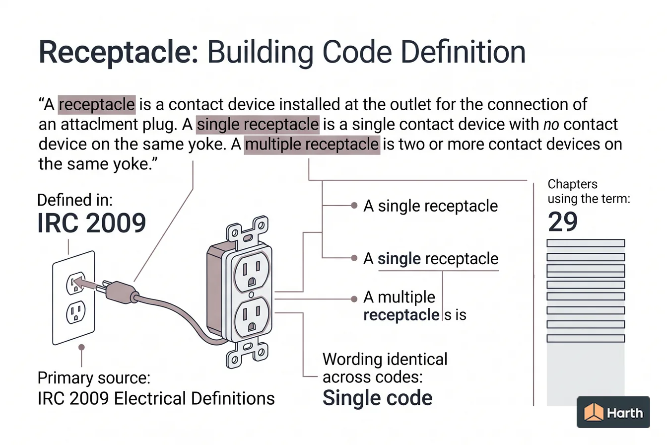 Labeled code-term definition diagram: Receptacle: Building Code Definition