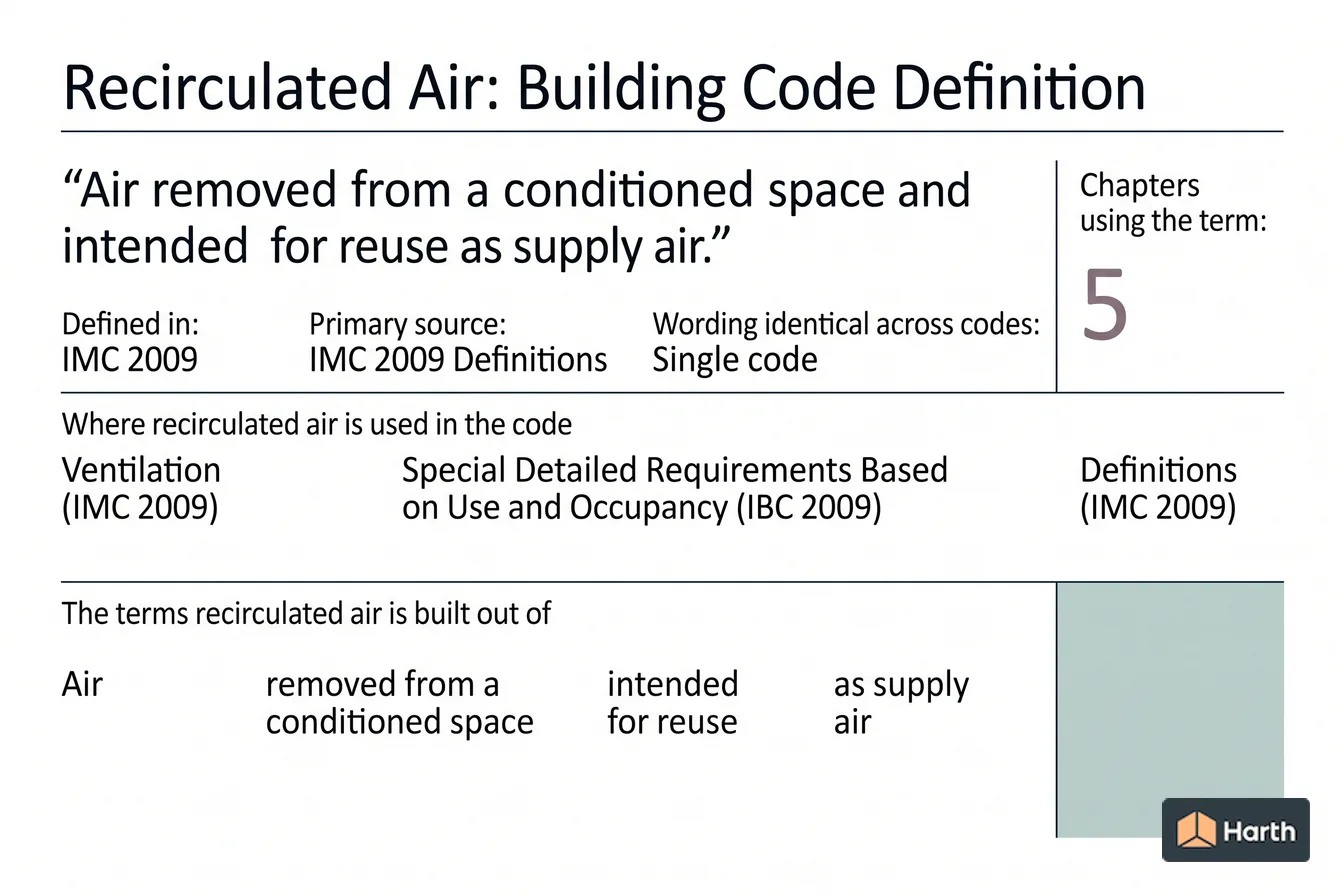 Labeled code-term definition diagram: Recirculated Air: Building Code Definition