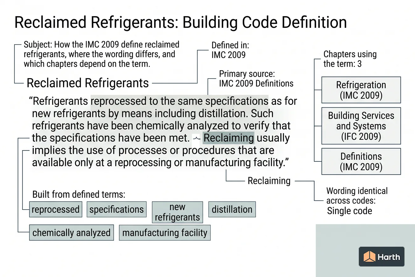Labeled code-term definition diagram: Reclaimed Refrigerants: Building Code Definition