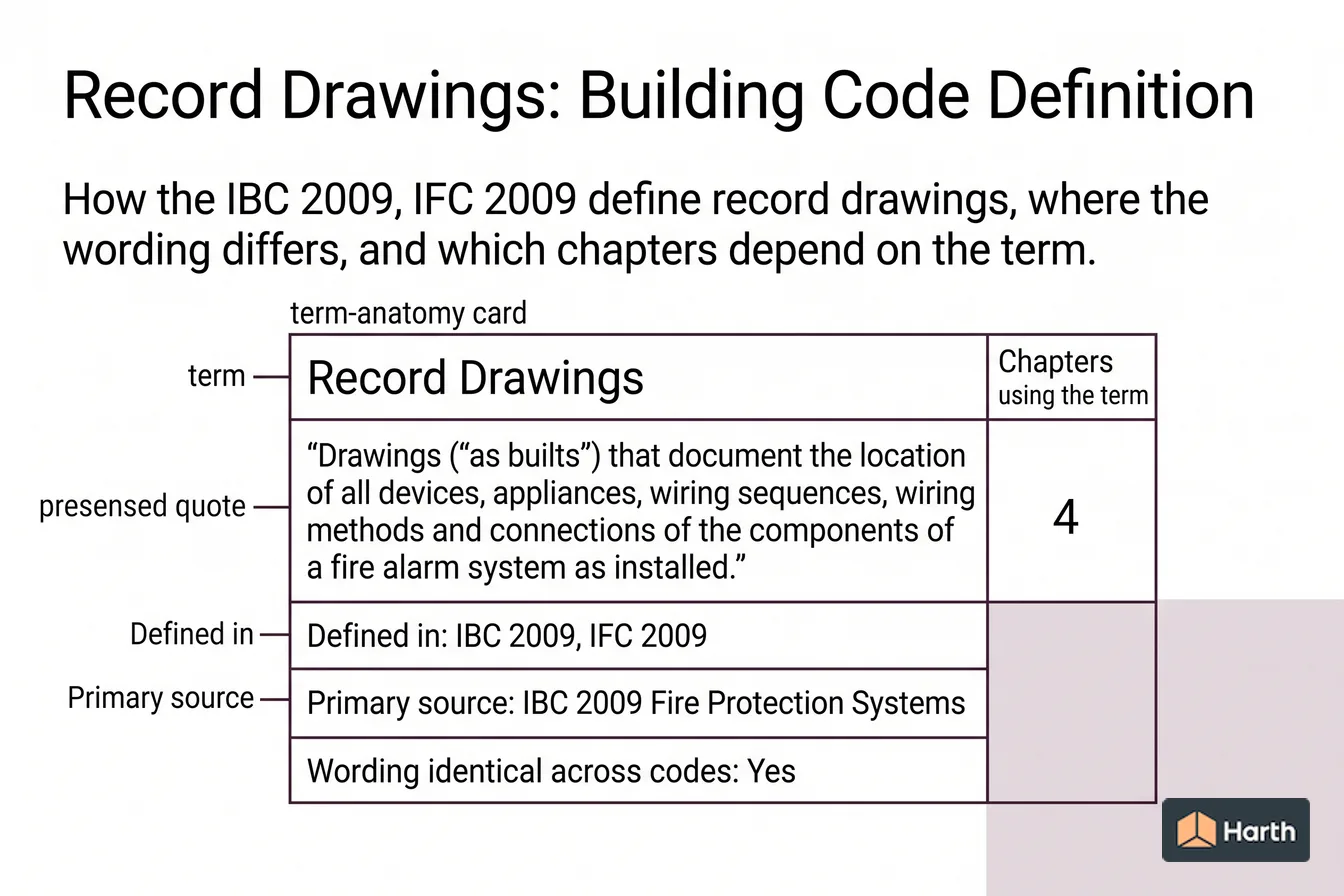 Labeled code-term definition diagram: Record Drawings: Building Code Definition