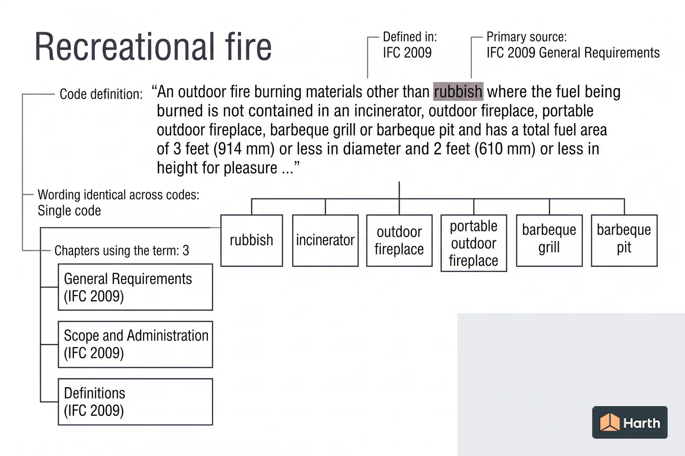 Labeled code-term definition diagram: Recreational Fire: Building Code Definition