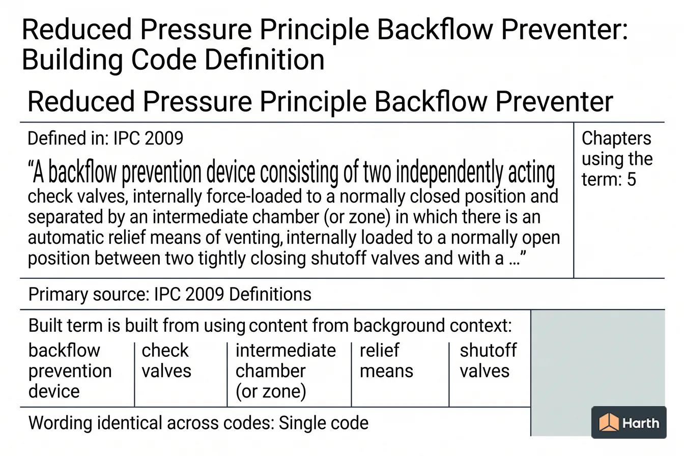 Labeled code-term definition diagram: Reduced Pressure Principle Backflow Preventer: Building Code Definition