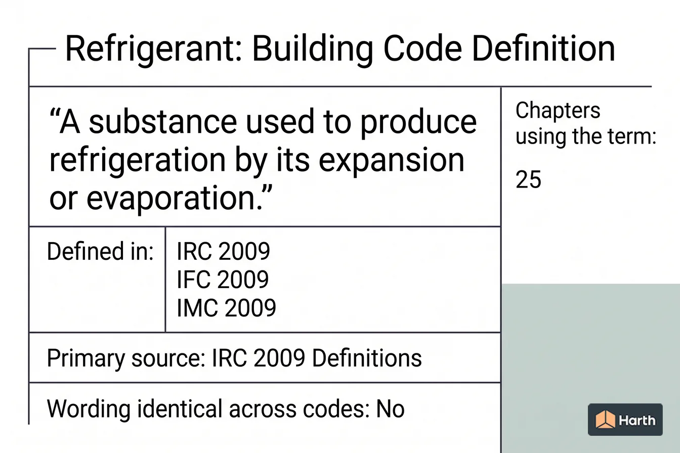 Labeled code-term definition diagram: Refrigerant: Building Code Definition
