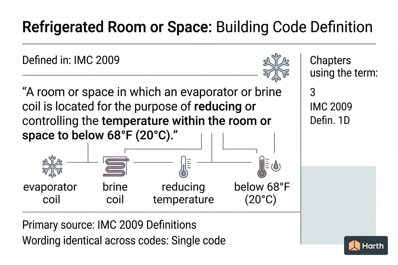 Labeled code-term definition diagram: Refrigerated Room or Space: Building Code Definition