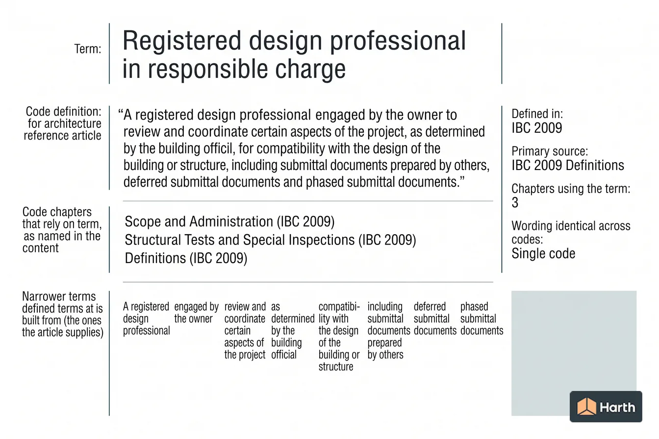 Labeled code-term definition diagram: Registered Design Professional in Responsible Charge: Building Code Definition
