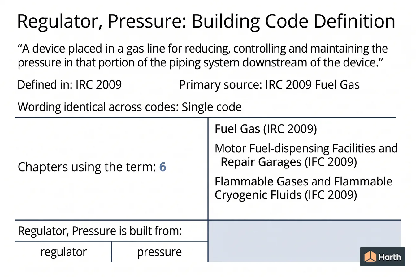 Labeled code-term definition diagram: Regulator, Pressure: Building Code Definition