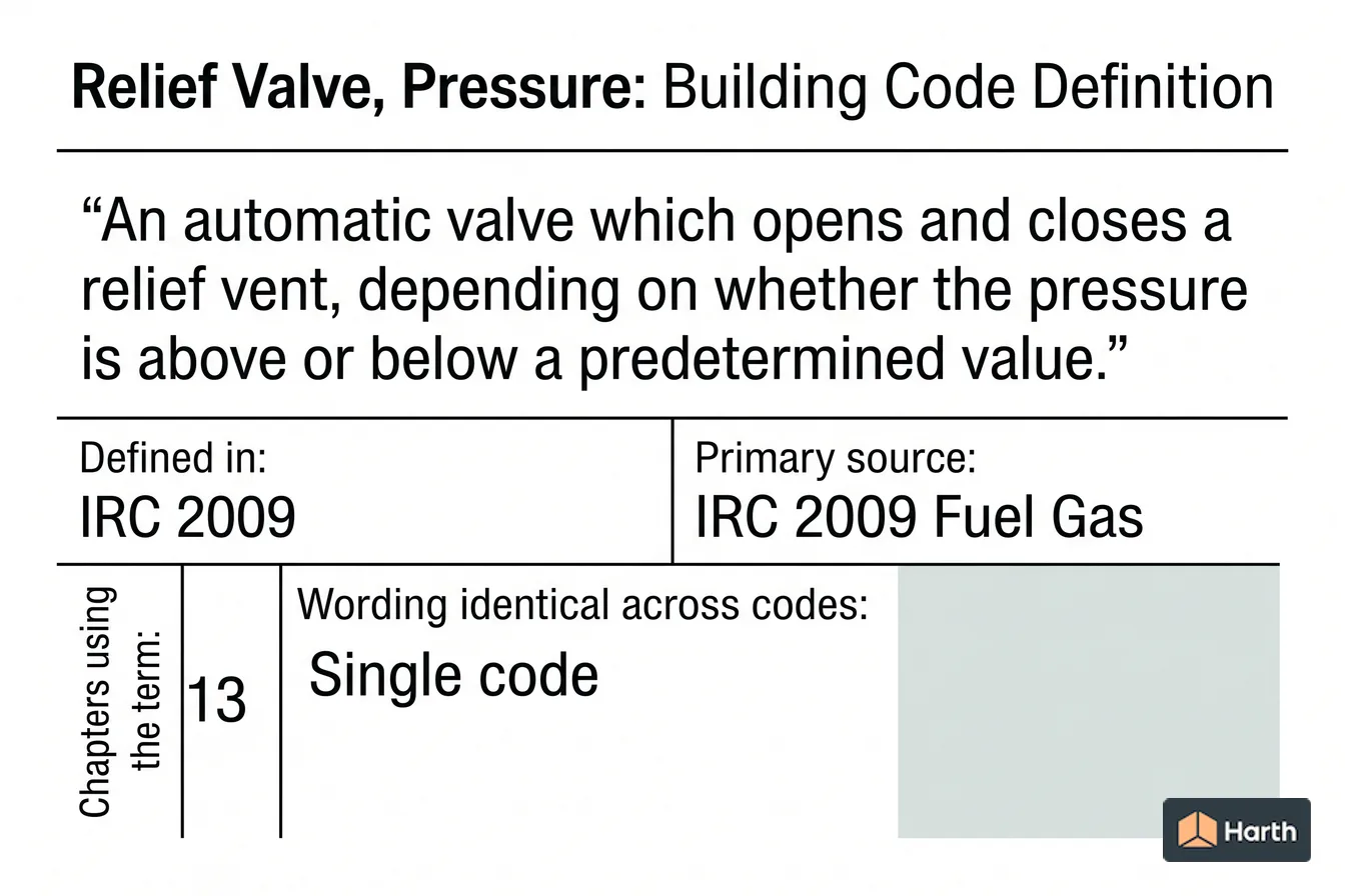 Labeled code-term definition diagram: Relief Valve, Pressure: Building Code Definition