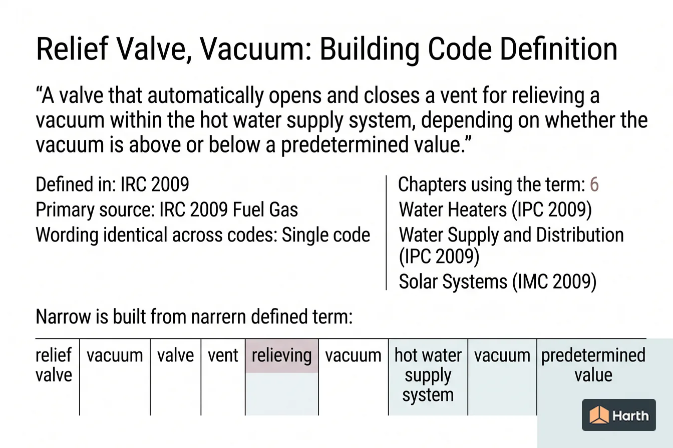 Labeled code-term definition diagram: Relief Valve, Vacuum: Building Code Definition