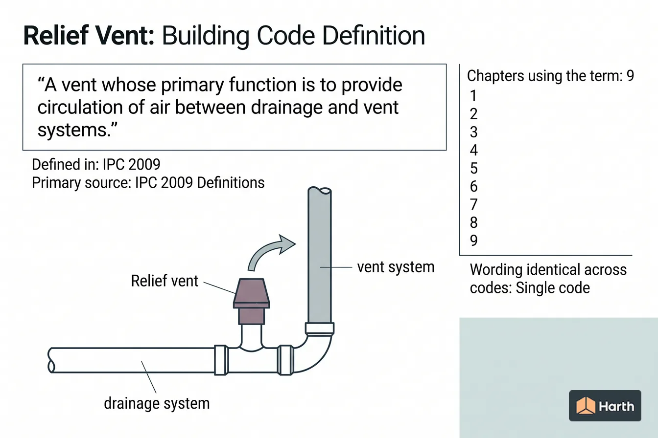 Labeled code-term definition diagram: Relief Vent: Building Code Definition