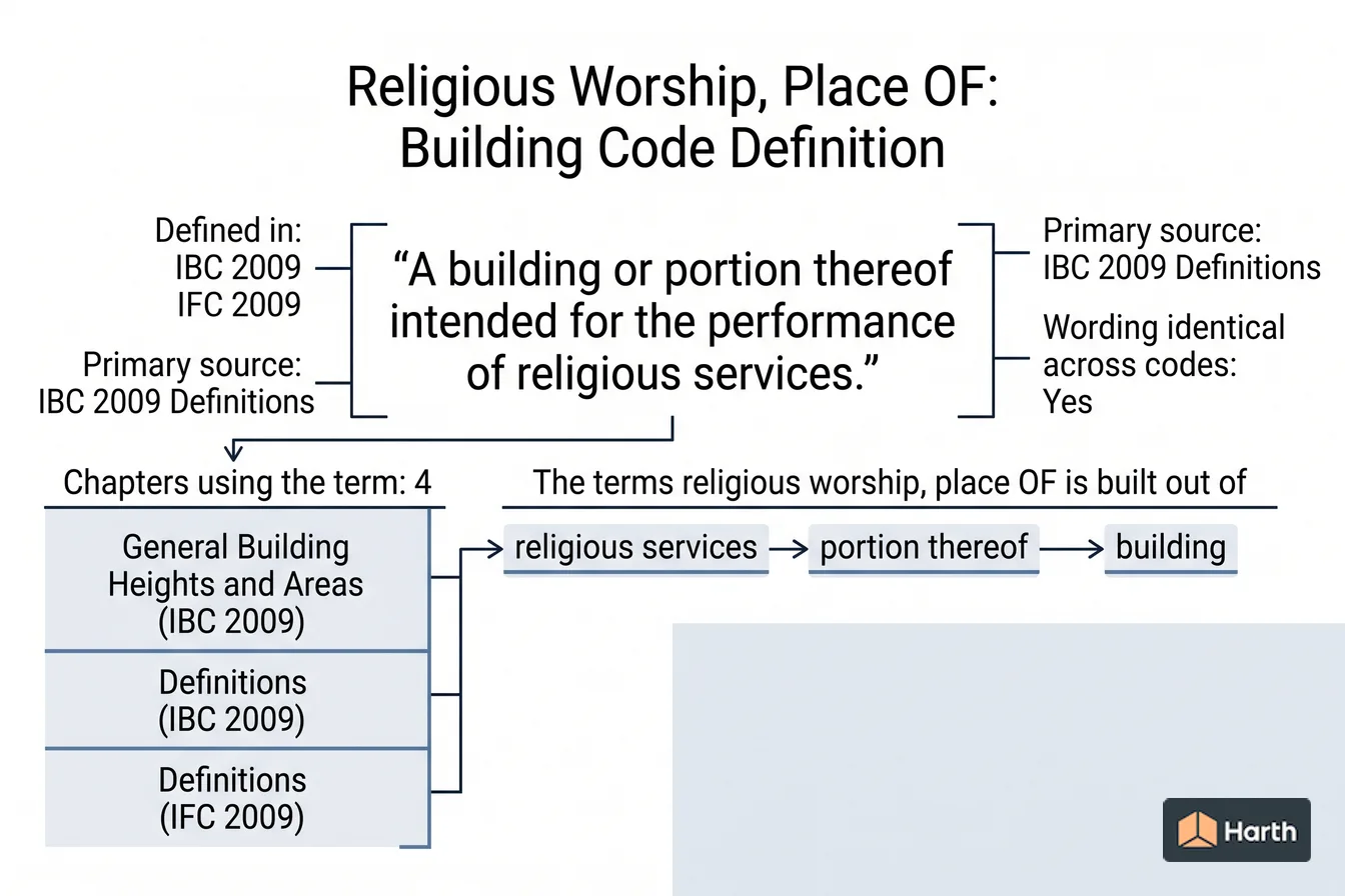 Labeled code-term definition diagram: Religious Worship, Place OF: Building Code Definition