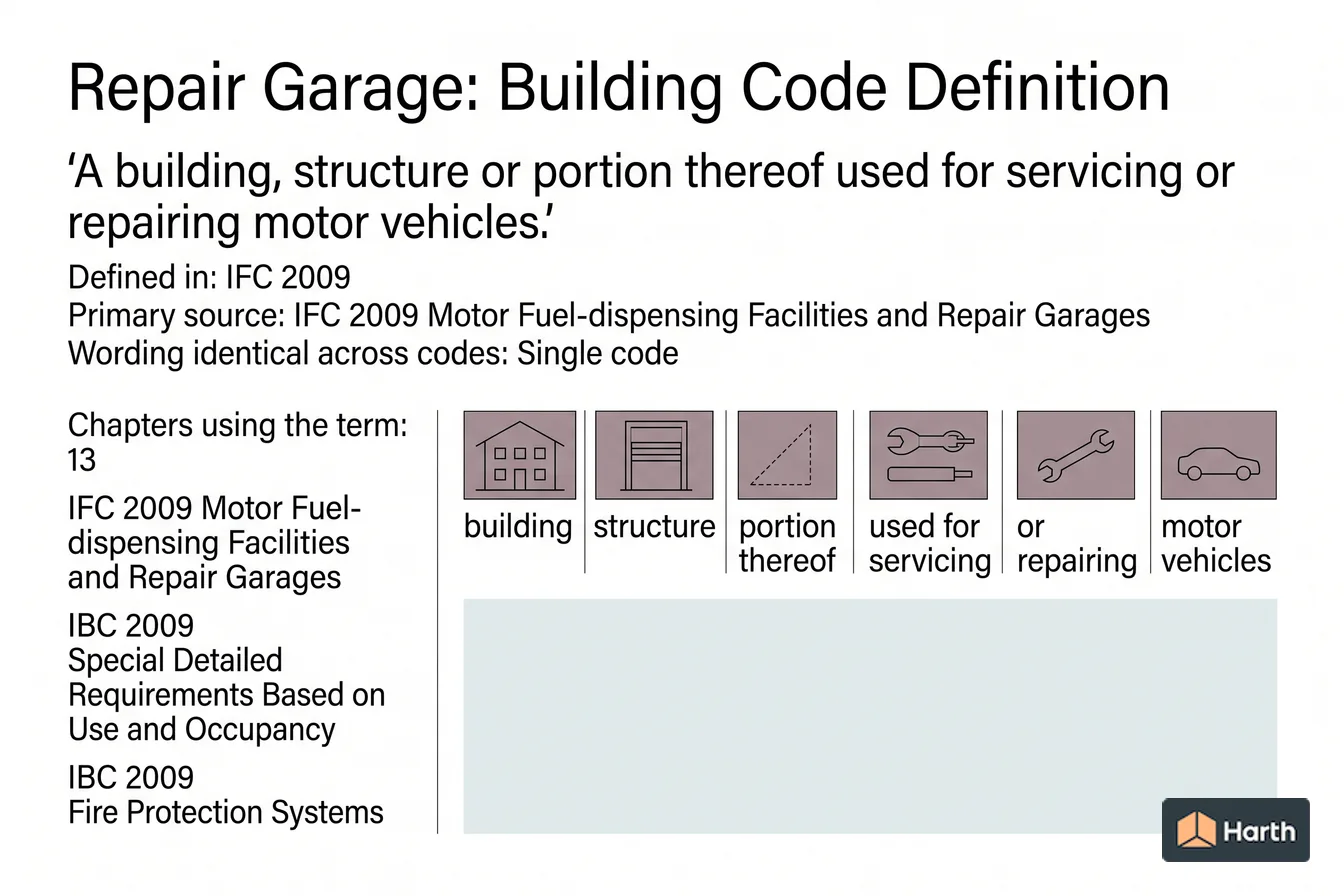 Labeled code-term definition diagram: Repair Garage: Building Code Definition