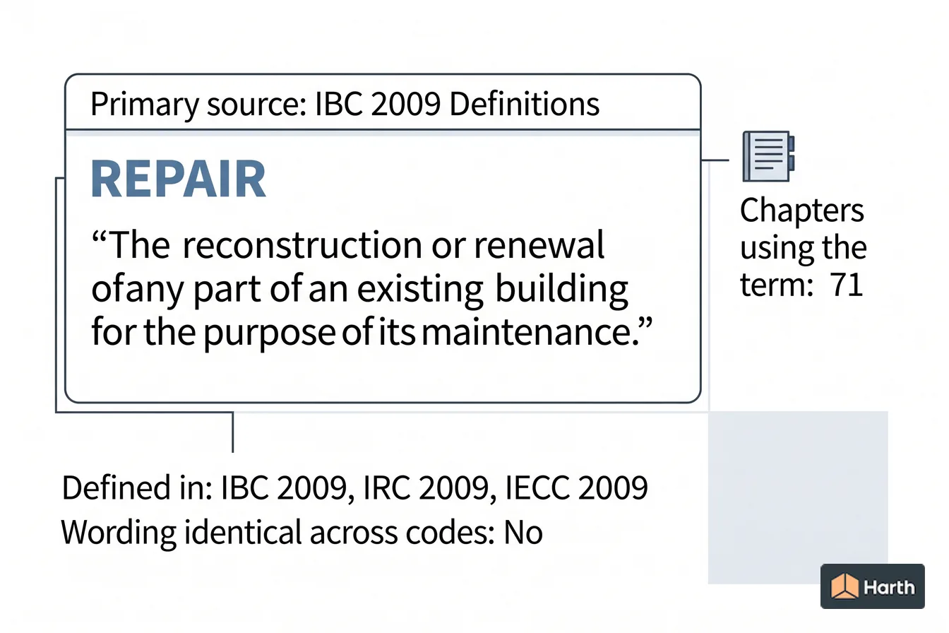 Labeled code-term definition diagram: Repair: Building Code Definition