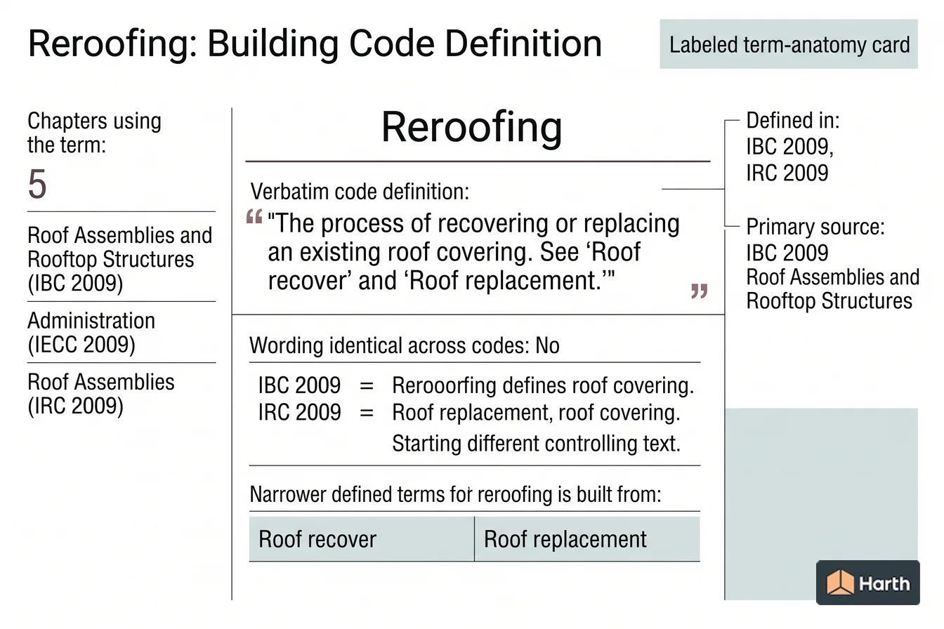 Labeled code-term definition diagram: Reroofing: Building Code Definition