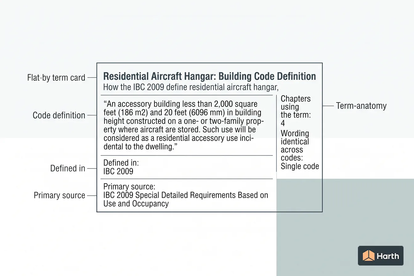 Labeled code-term definition diagram: Residential Aircraft Hangar: Building Code Definition