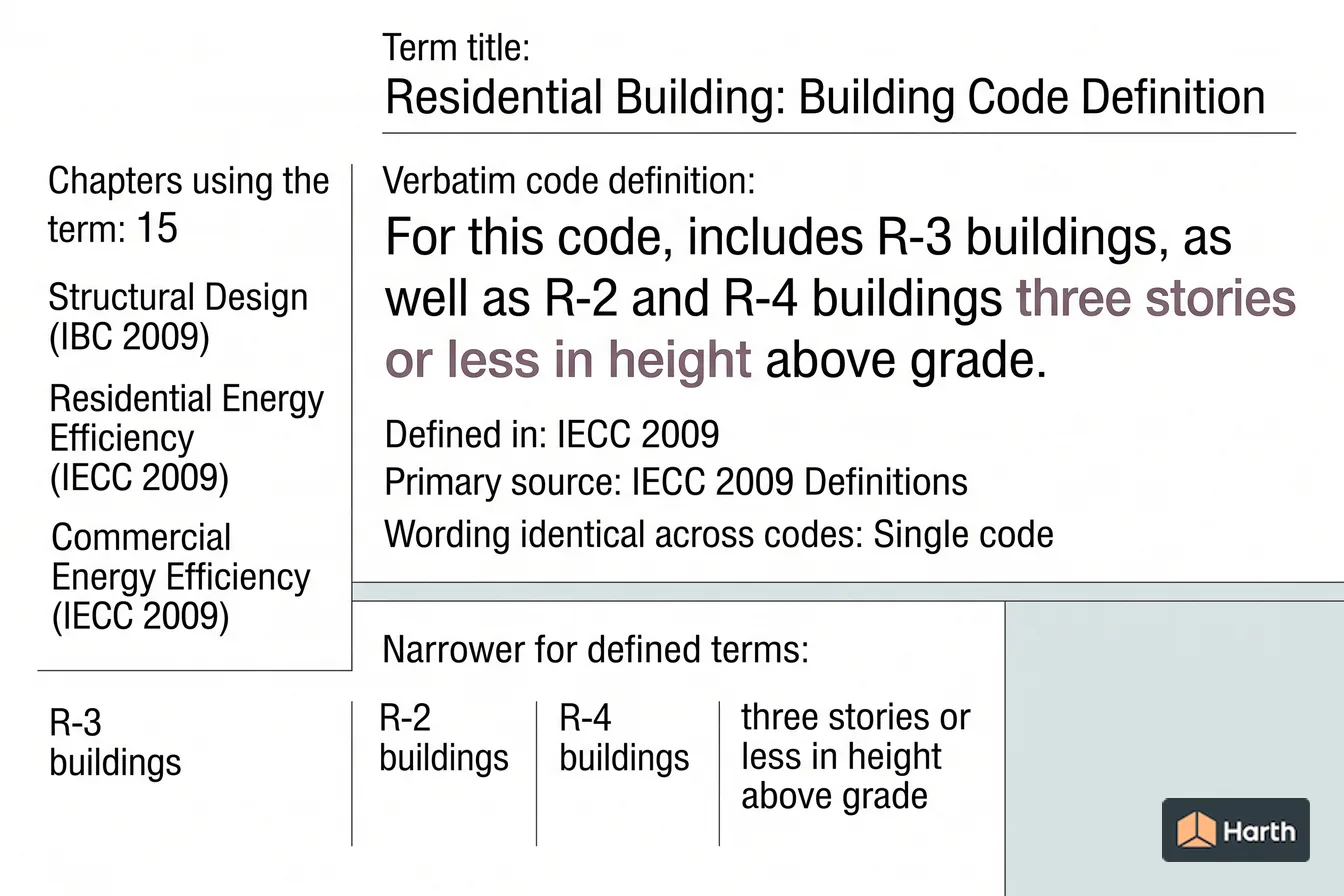 Labeled code-term definition diagram: Residential Building: Building Code Definition
