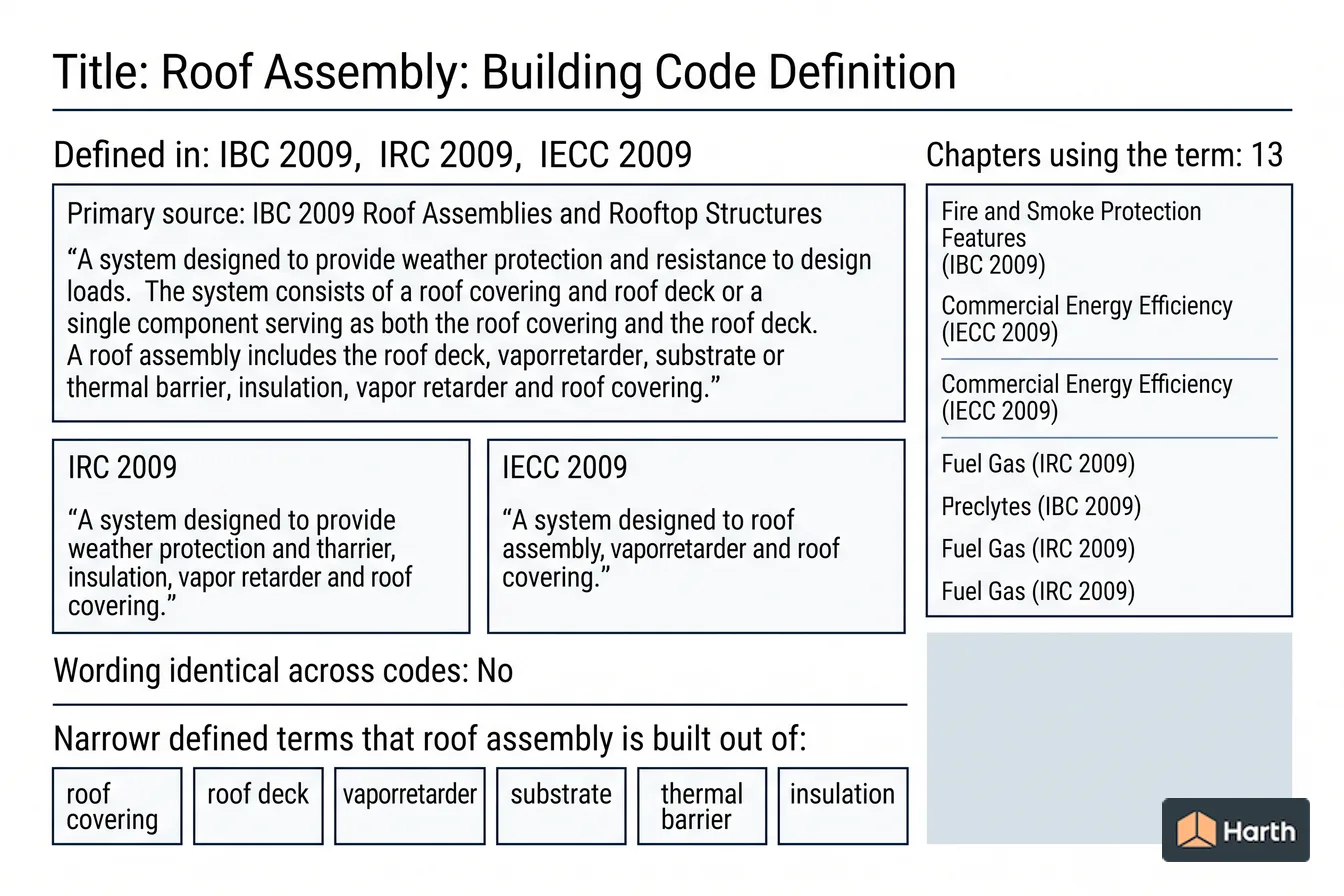Labeled code-term definition diagram: Roof Assembly: Building Code Definition