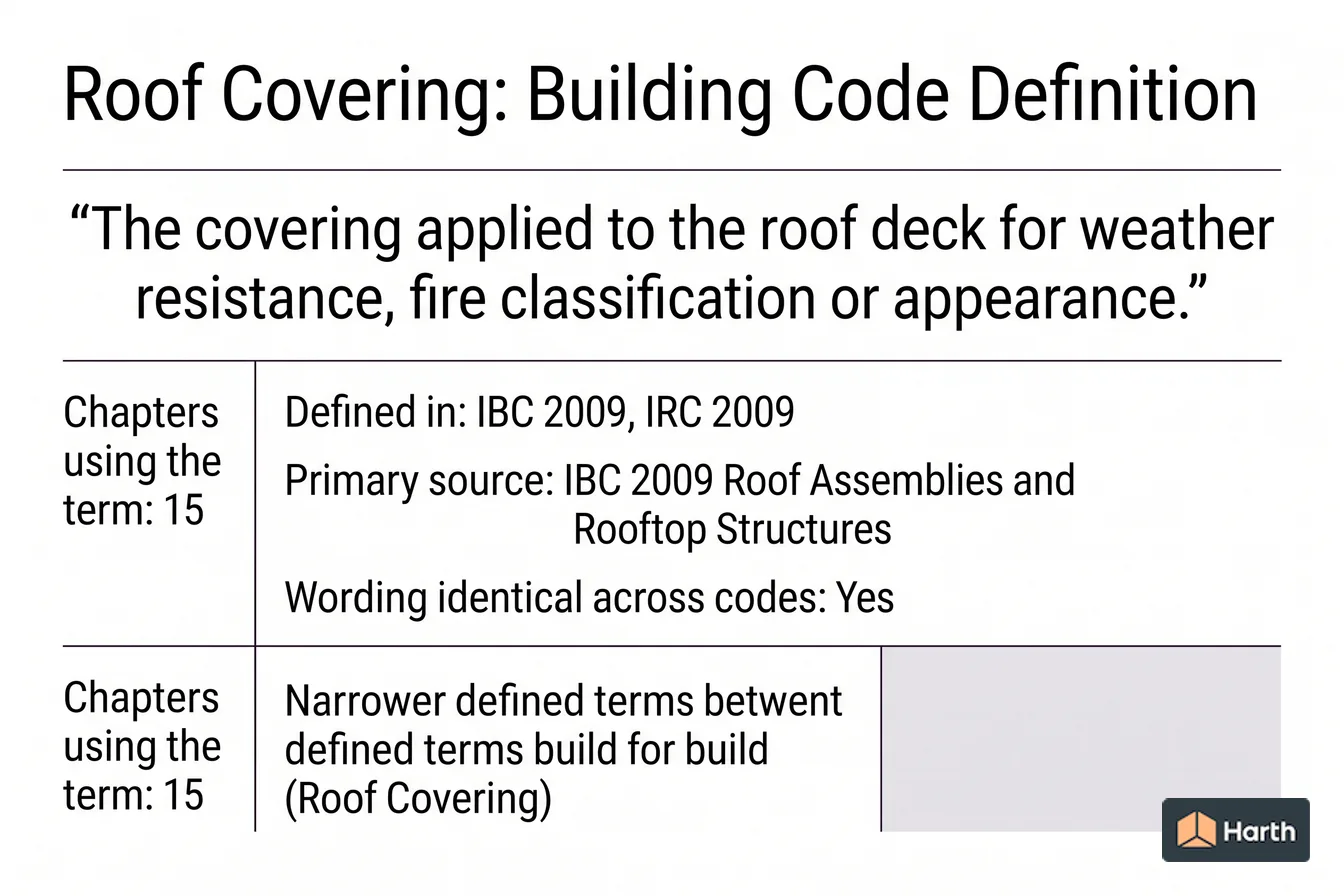 Labeled code-term definition diagram: Roof Covering: Building Code Definition