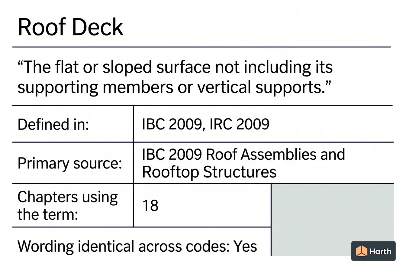 Labeled code-term definition diagram: Roof Deck: Building Code Definition