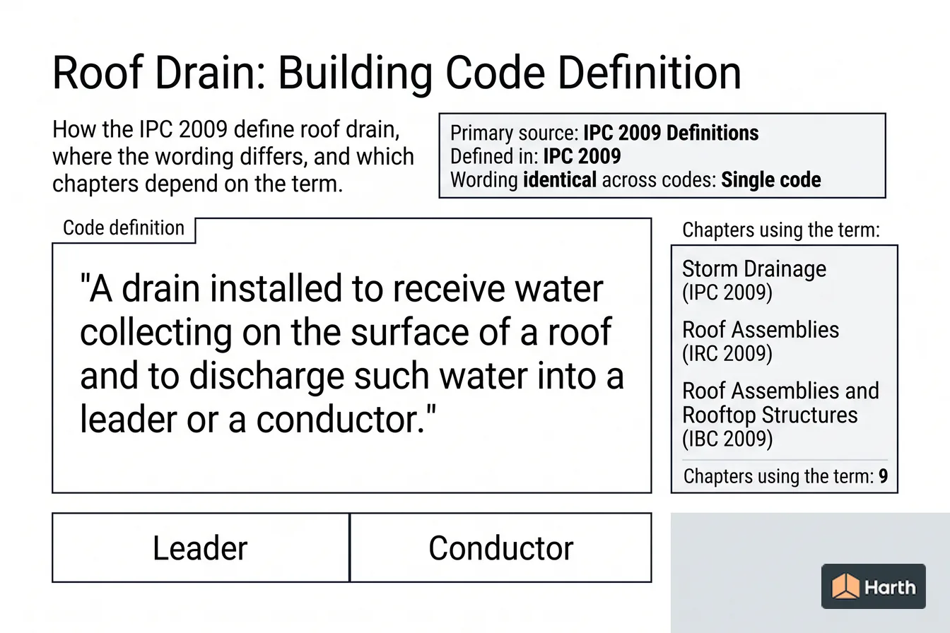 Labeled code-term definition diagram: Roof Drain: Building Code Definition