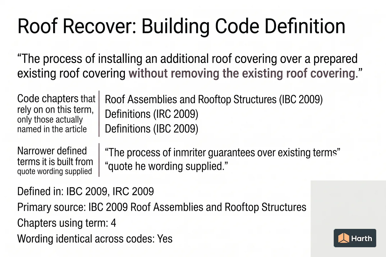 Labeled code-term definition diagram: Roof Recover: Building Code Definition