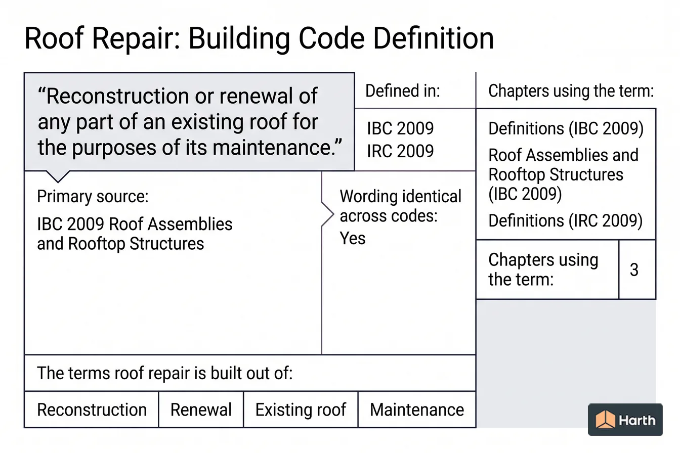 Labeled code-term definition diagram: Roof Repair: Building Code Definition