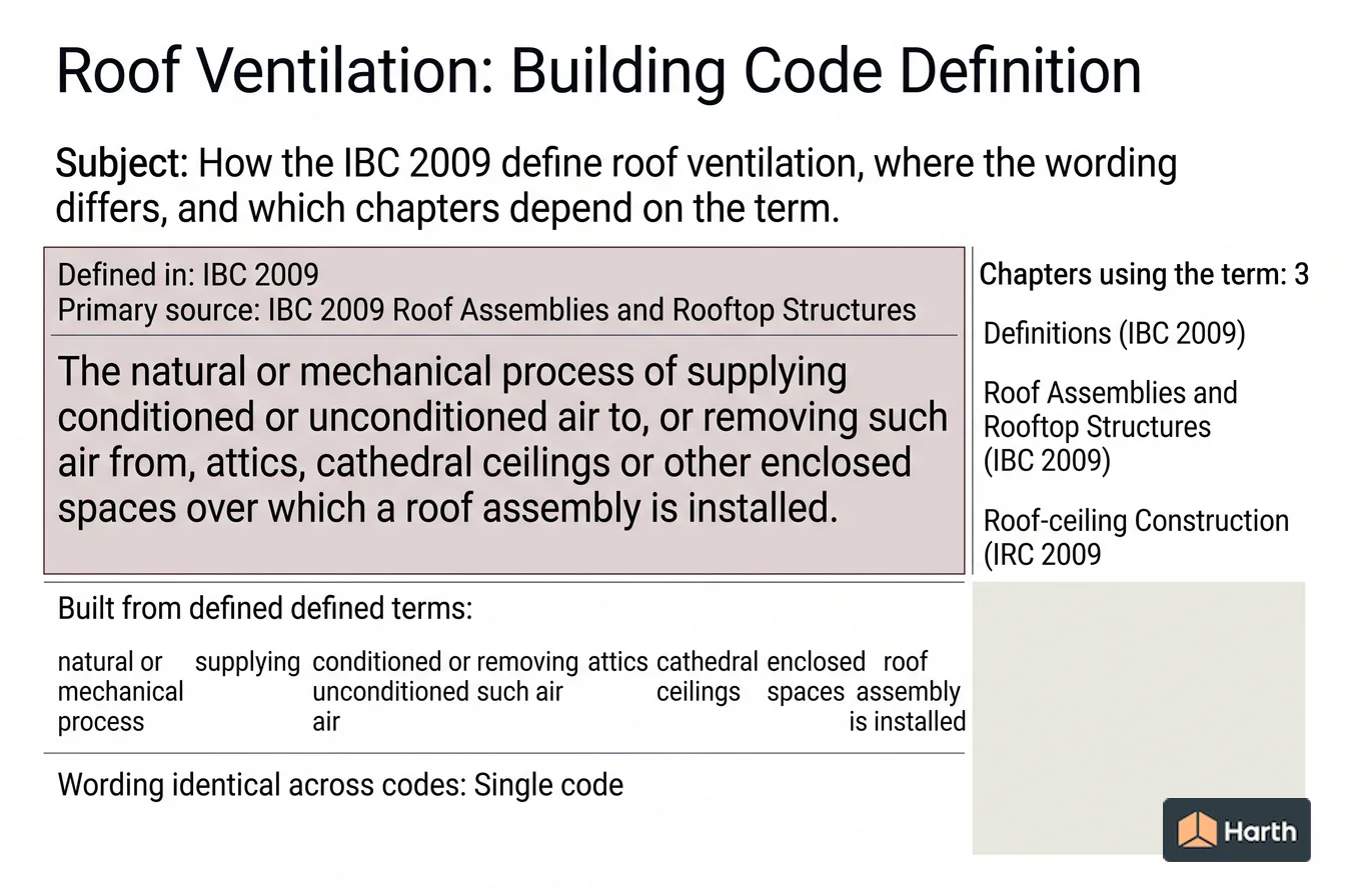 Labeled code-term definition diagram: Roof Ventilation: Building Code Definition
