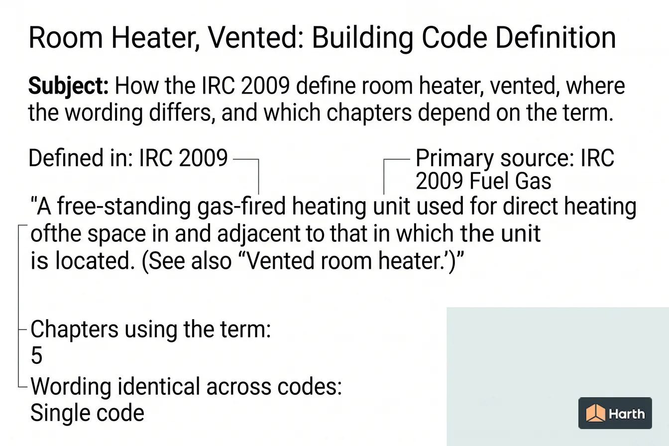 Labeled code-term definition diagram: Room Heater, Vented: Building Code Definition
