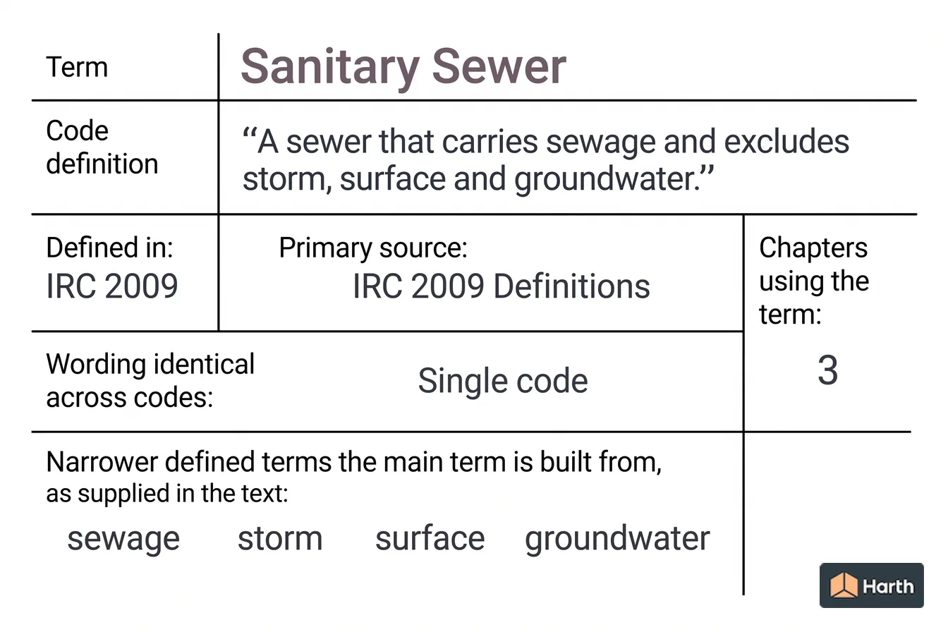 Labeled code-term definition diagram: Sanitary Sewer: Building Code Definition