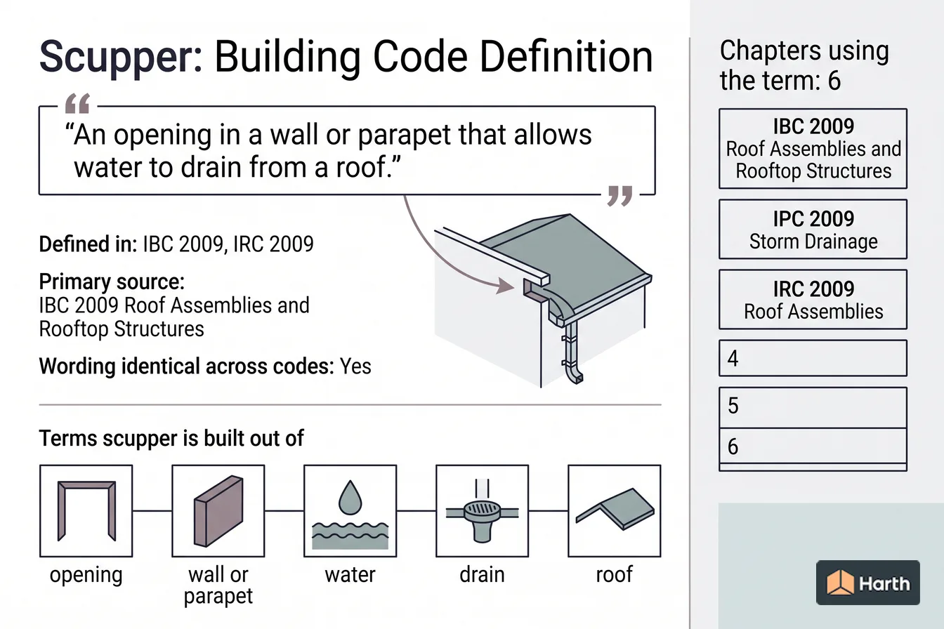 Labeled code-term definition diagram: Scupper: Building Code Definition
