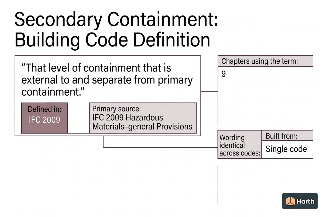 Labeled code-term definition diagram: Secondary Containment: Building Code Definition