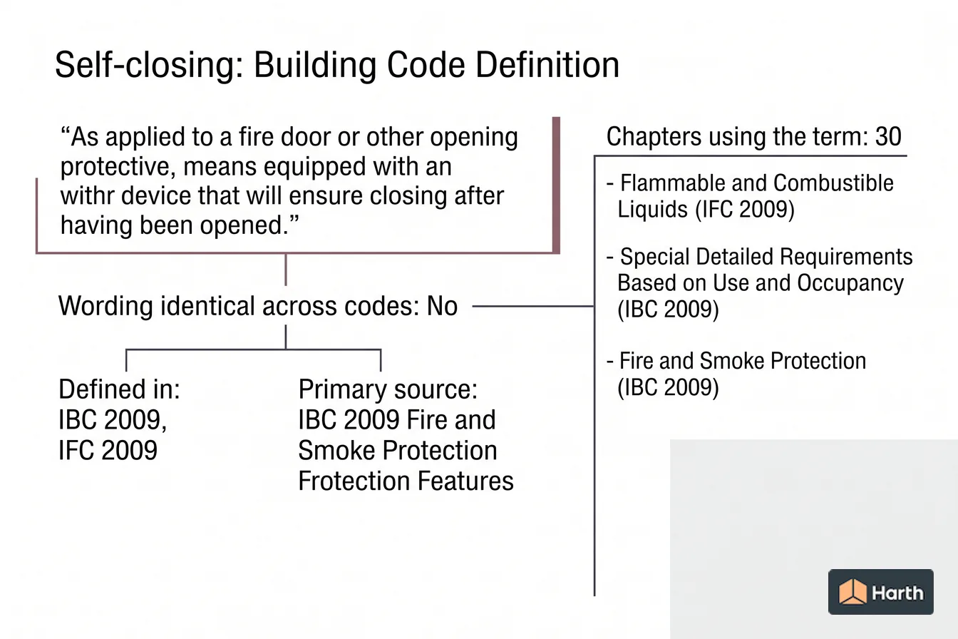 Labeled code-term definition diagram: Self-closing: Building Code Definition
