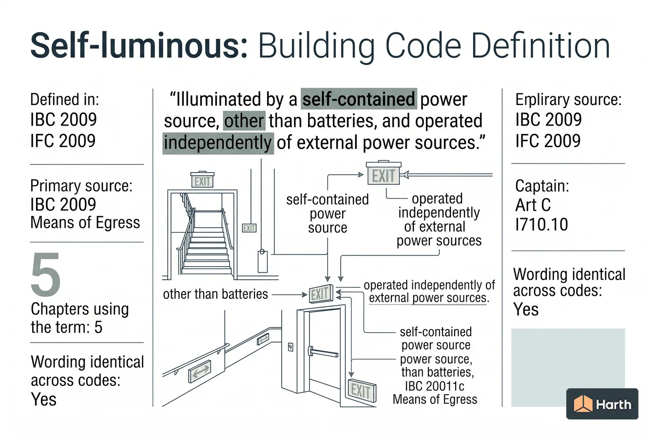 Labeled code-term definition diagram: Self-luminous: Building Code Definition