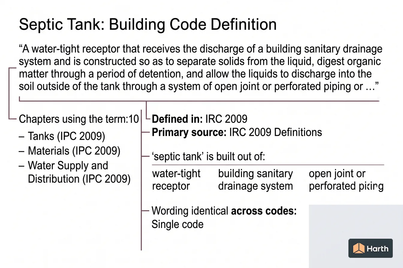 Labeled code-term definition diagram: Septic Tank: Building Code Definition