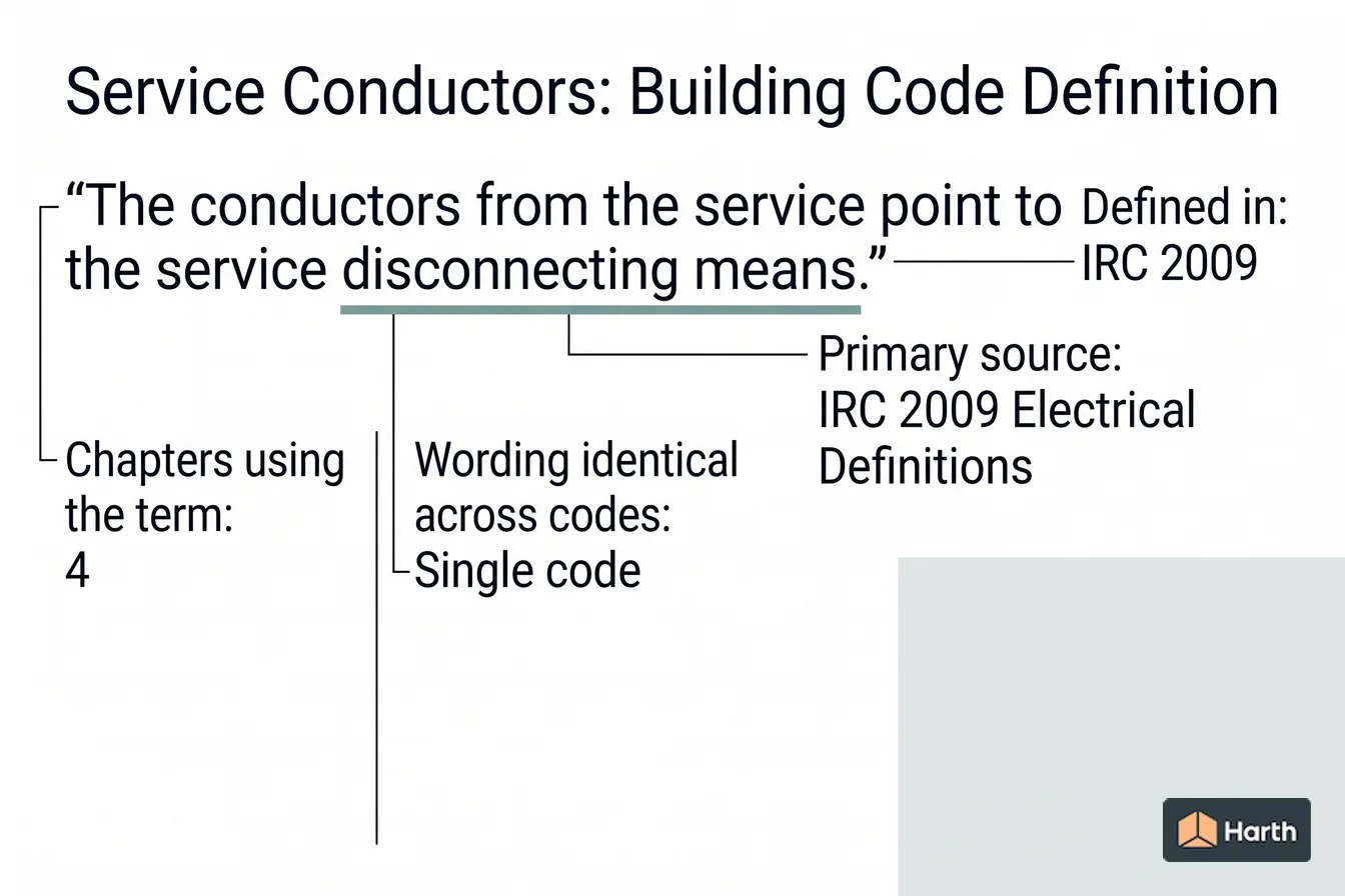 Labeled code-term definition diagram: Service Conductors: Building Code Definition