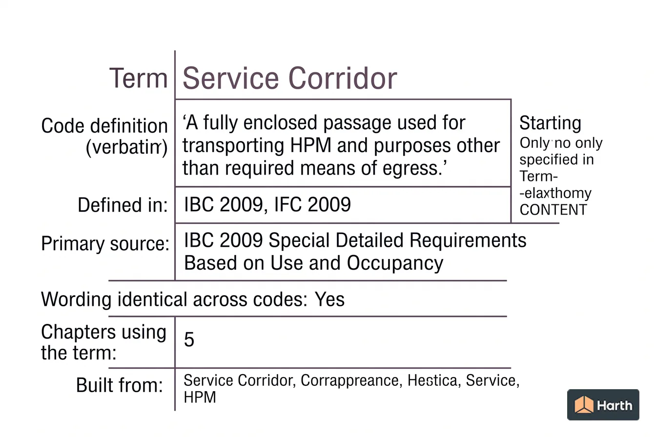 Labeled code-term definition diagram: Service Corridor: Building Code Definition