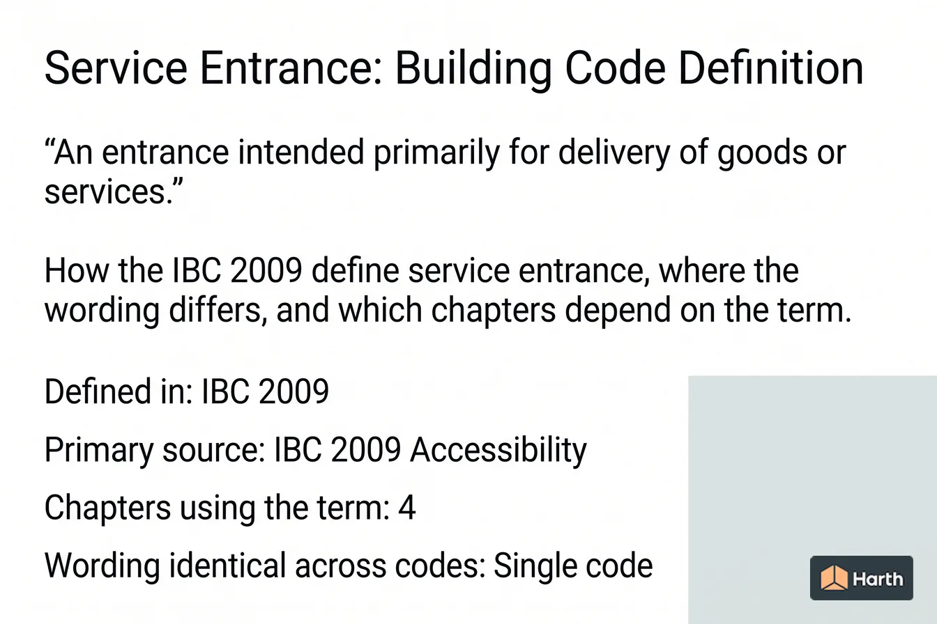 Labeled code-term definition diagram: Service Entrance: Building Code Definition