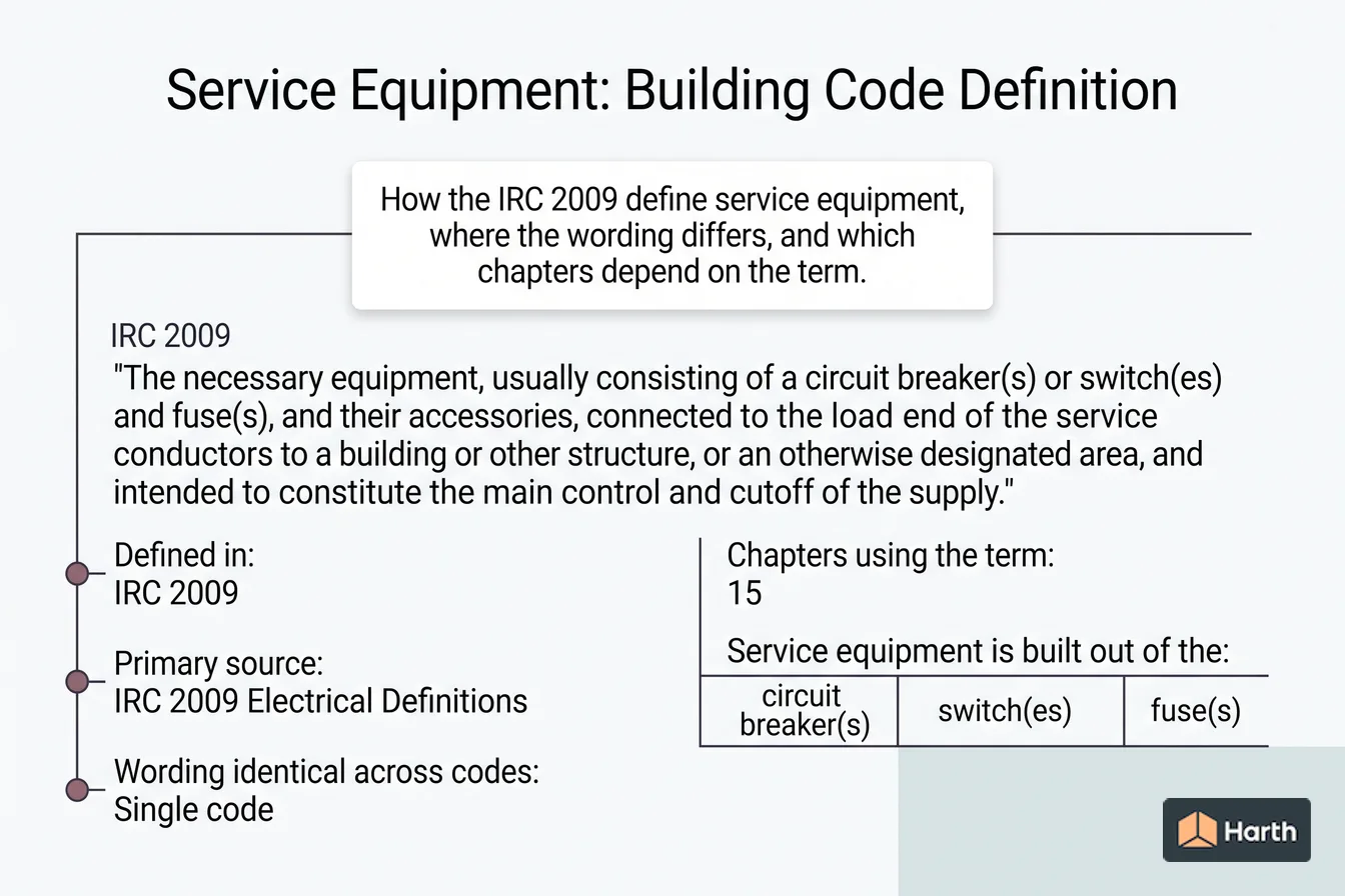 Labeled code-term definition diagram: Service Equipment: Building Code Definition