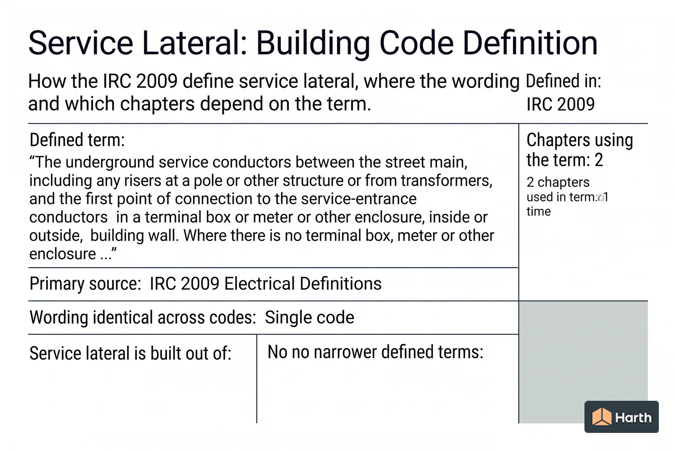 Labeled code-term definition diagram: Service Lateral: Building Code Definition