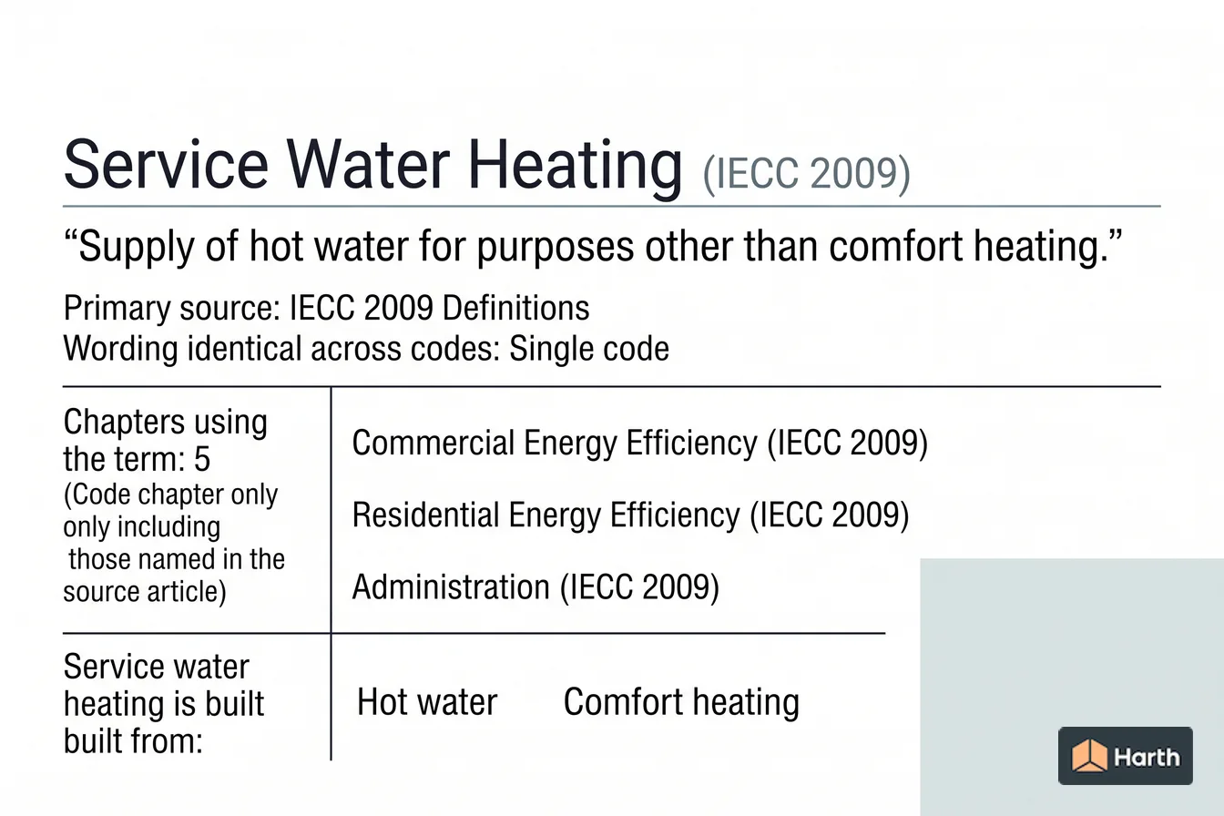 Labeled code-term definition diagram: Service Water Heating: Building Code Definition