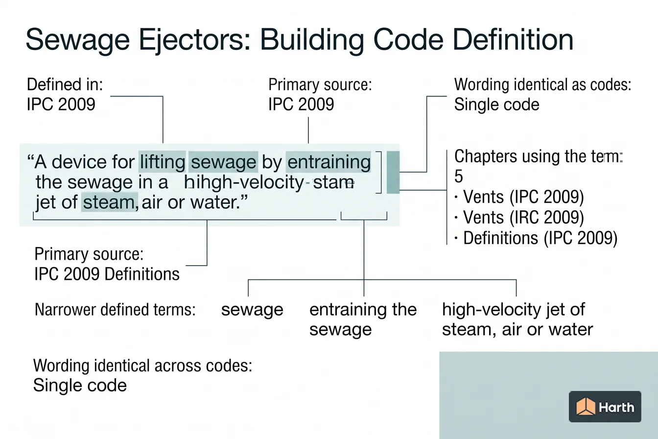 Labeled code-term definition diagram: Sewage Ejectors: Building Code Definition